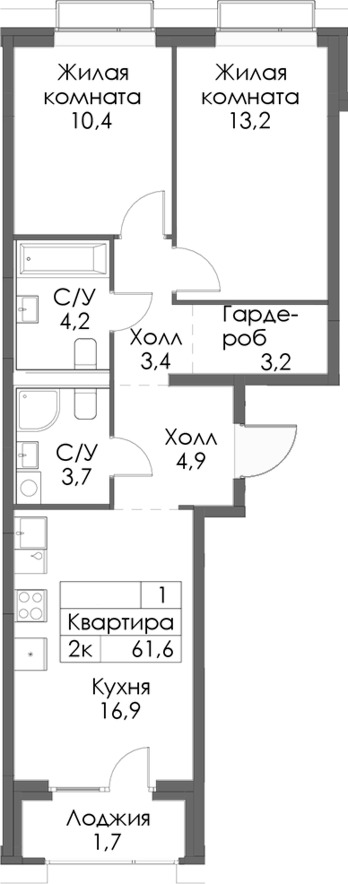 Планировка — Сиберово, 2-комн., 60 м²