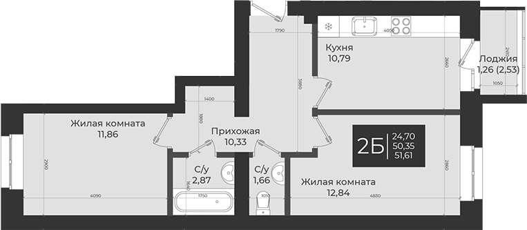 Планировка — Достояние, 2-комн., 50 м²