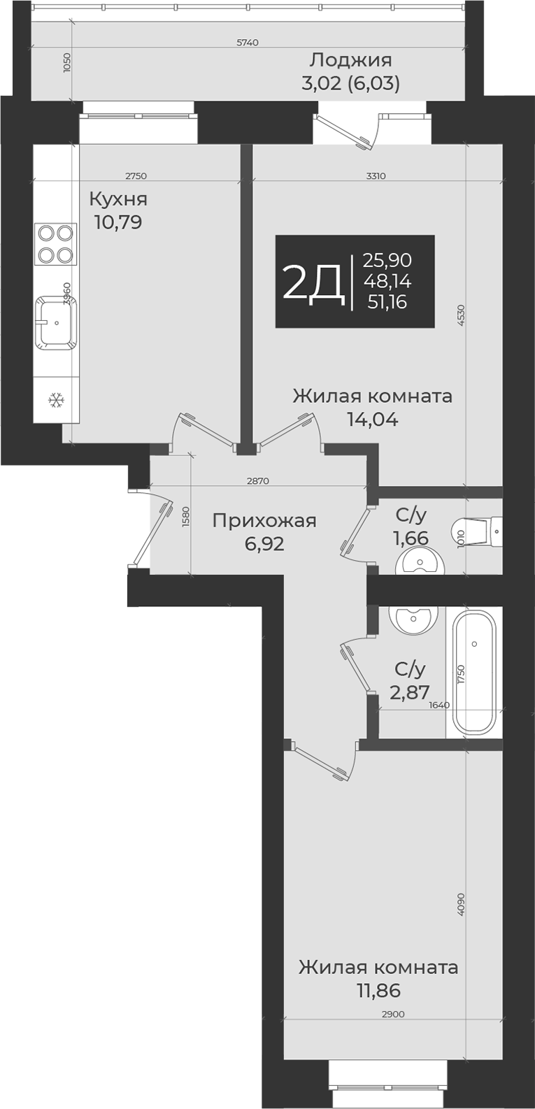 Планировка — Достояние, 2-комн., 48 м²