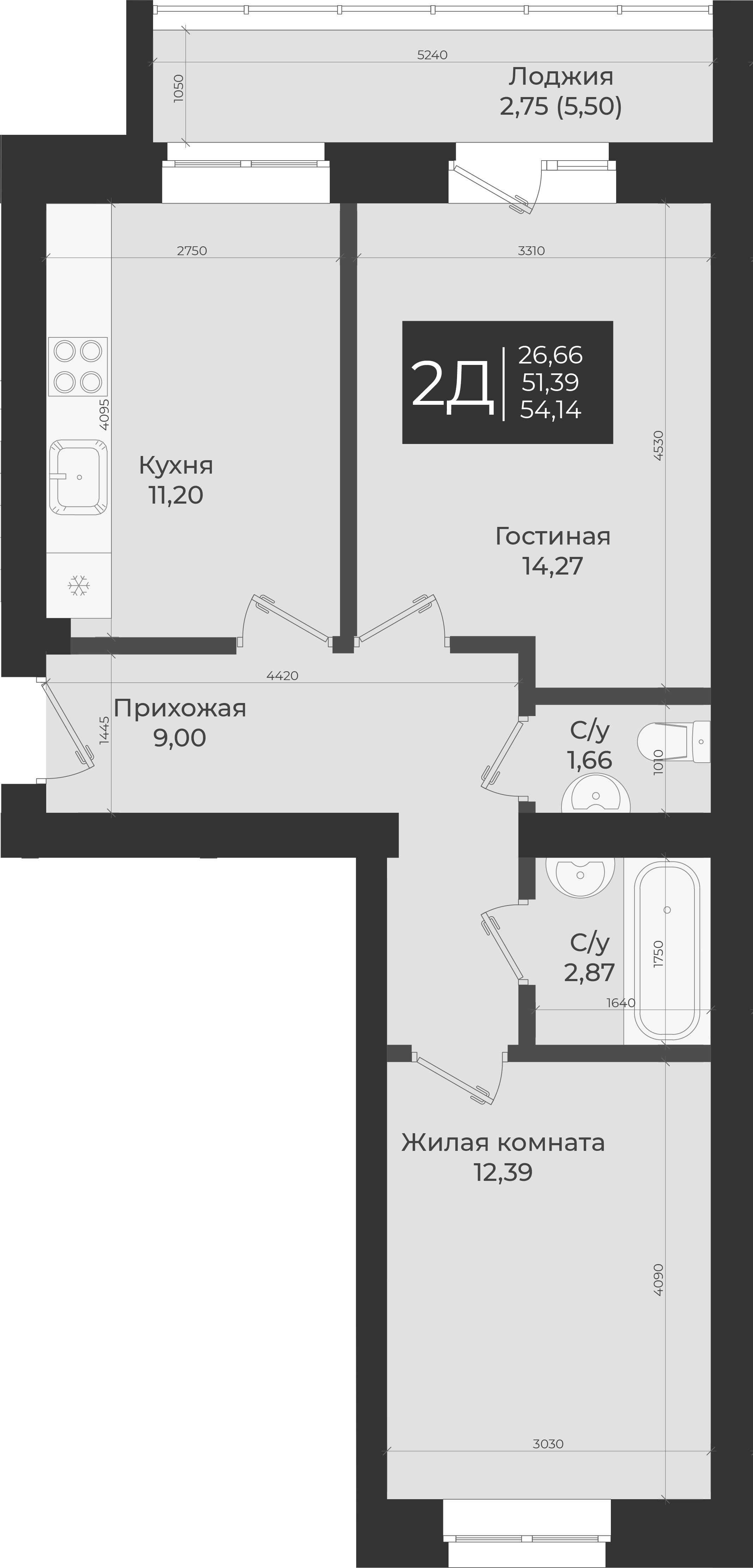 Планировка — Достояние, 2-комн., 51 м²