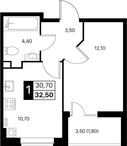 Планировка — Эстет, 1-комн., 31 м²