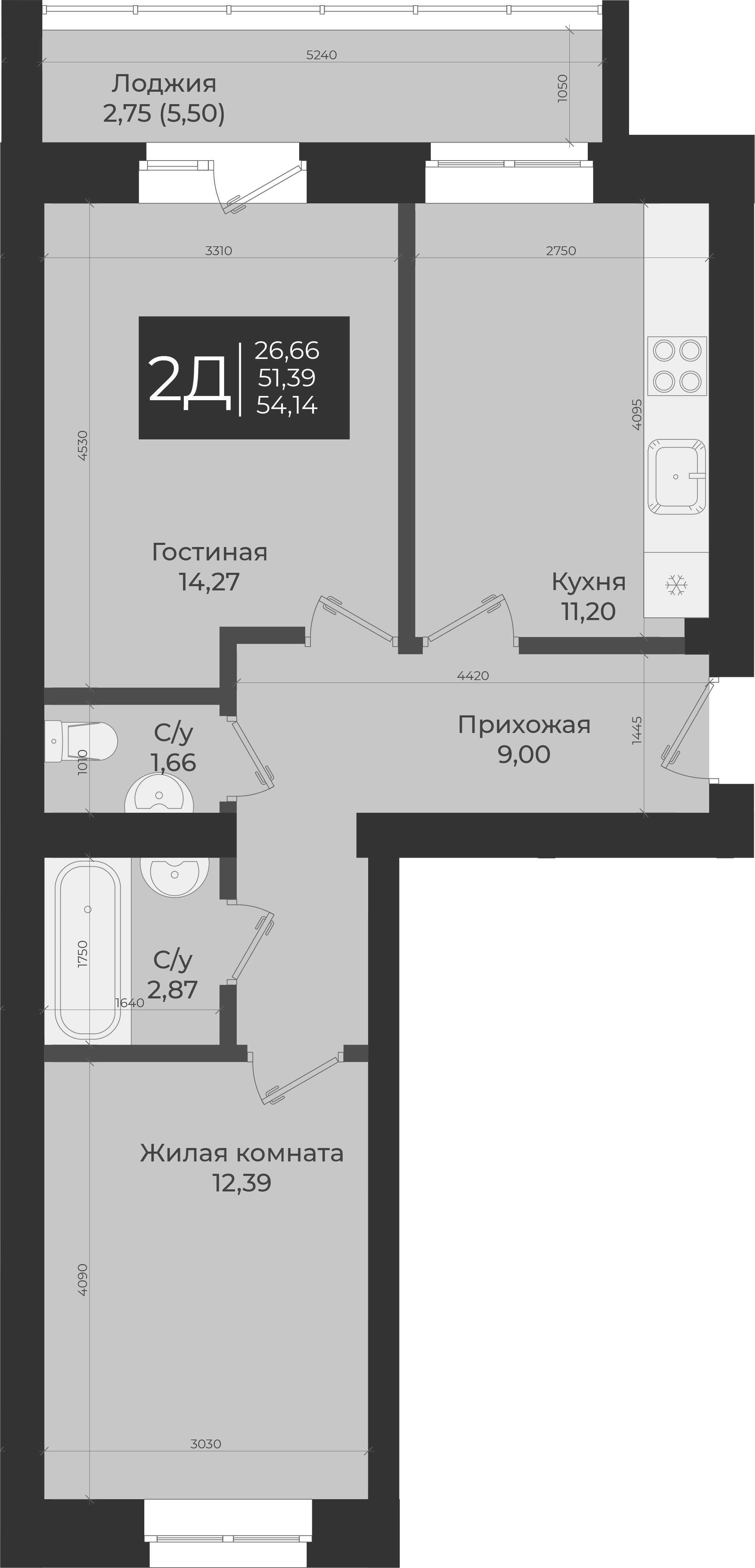 Планировка — Достояние, 2-комн., 51 м²