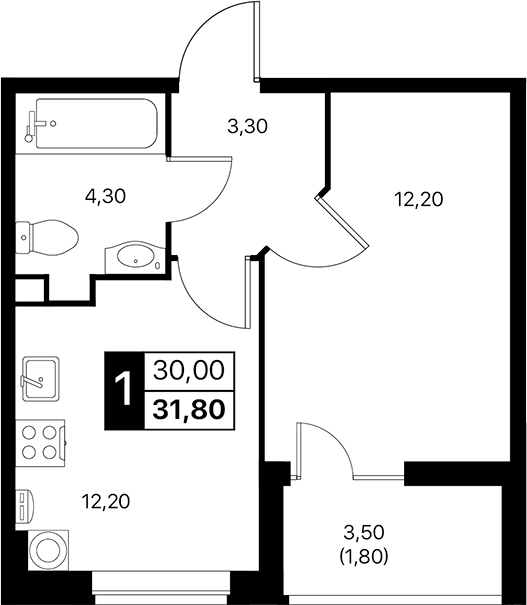 Планировка — Эстет, 1-комн., 30 м²