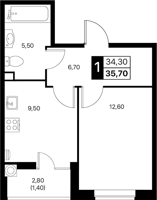 Планировка — Эстет, 1-комн., 34 м²
