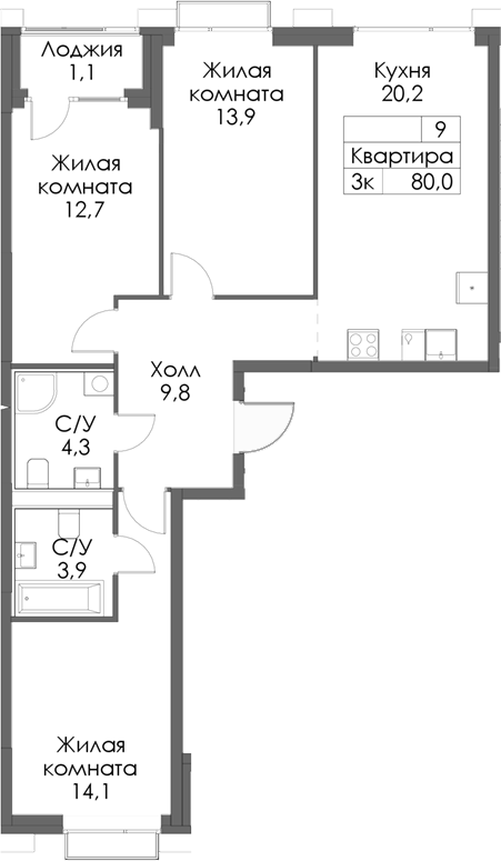 Планировка — Сиберово, 3-комн., 79 м²