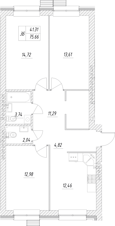 Планировка — Атмосфера, 3-комн., 76 м²