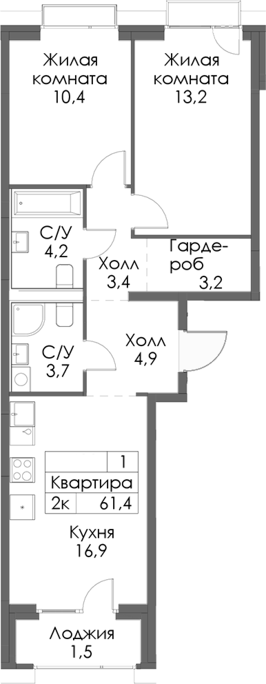 Планировка — Сиберово, 2-комн., 60 м²