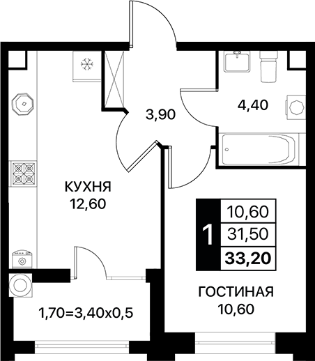 Планировка — Сияние, 1-комн., 32 м²