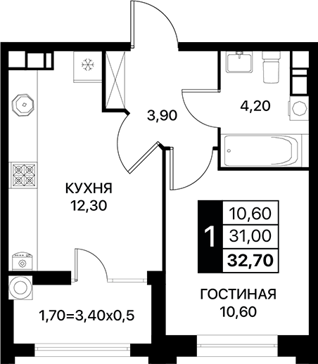 Планировка — Сияние, 1-комн., 31 м²