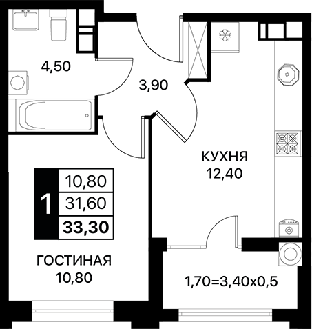 Планировка — Сияние, 1-комн., 32 м²