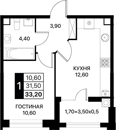 Планировка — Сияние, 1-комн., 32 м²