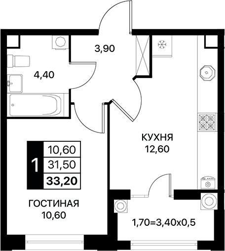 Планировка — Сияние, 1-комн., 32 м²