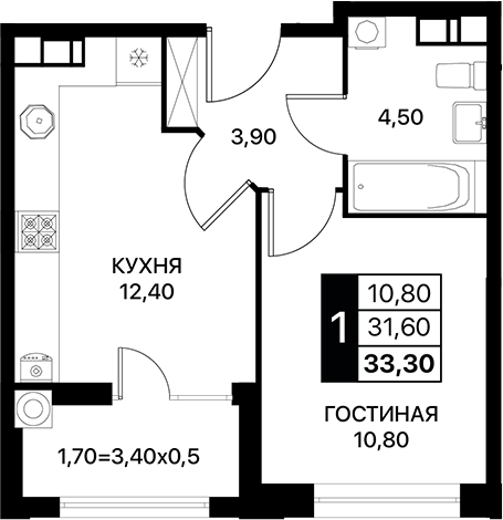 Планировка — Сияние, 1-комн., 32 м²