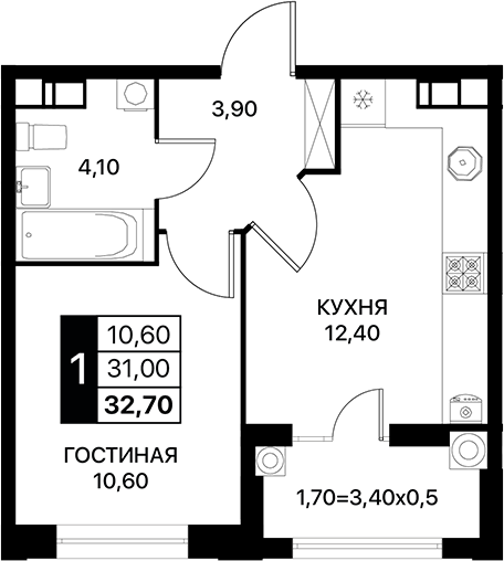 Планировка — Сияние, 1-комн., 31 м²