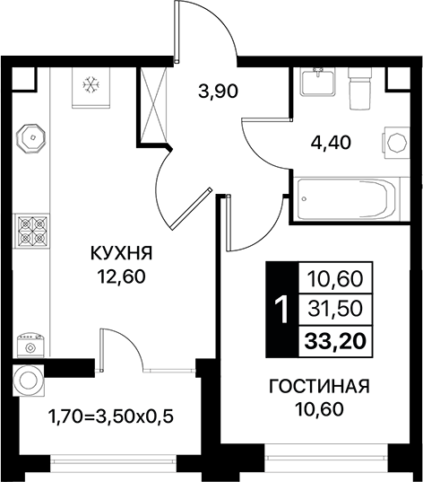 Планировка — Сияние, 1-комн., 32 м²