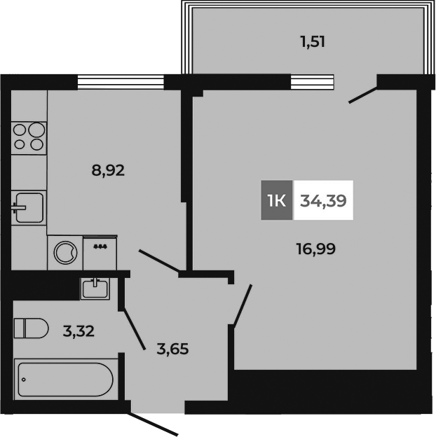 Планировка — Соседи, 1-комн., 33 м²