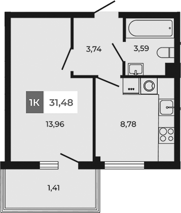 Планировка — Соседи, 1-комн., 30 м²