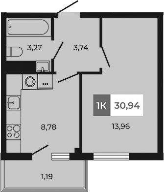 Планировка — Соседи, 1-комн., 30 м²
