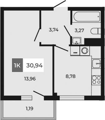 Планировка — Соседи, 1-комн., 30 м²