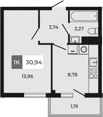 Планировка — Соседи, 1-комн., 30 м²