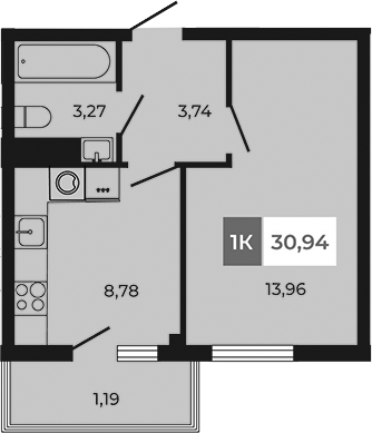 Планировка — Соседи, 1-комн., 30 м²