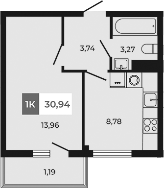 Планировка — Соседи, 1-комн., 30 м²