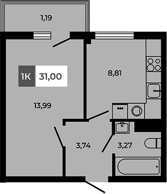 Планировка — Соседи, 1-комн., 30 м²