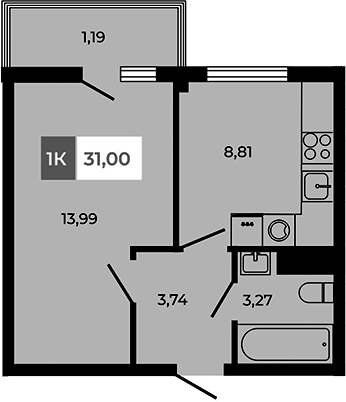 Планировка — Соседи, 1-комн., 30 м²