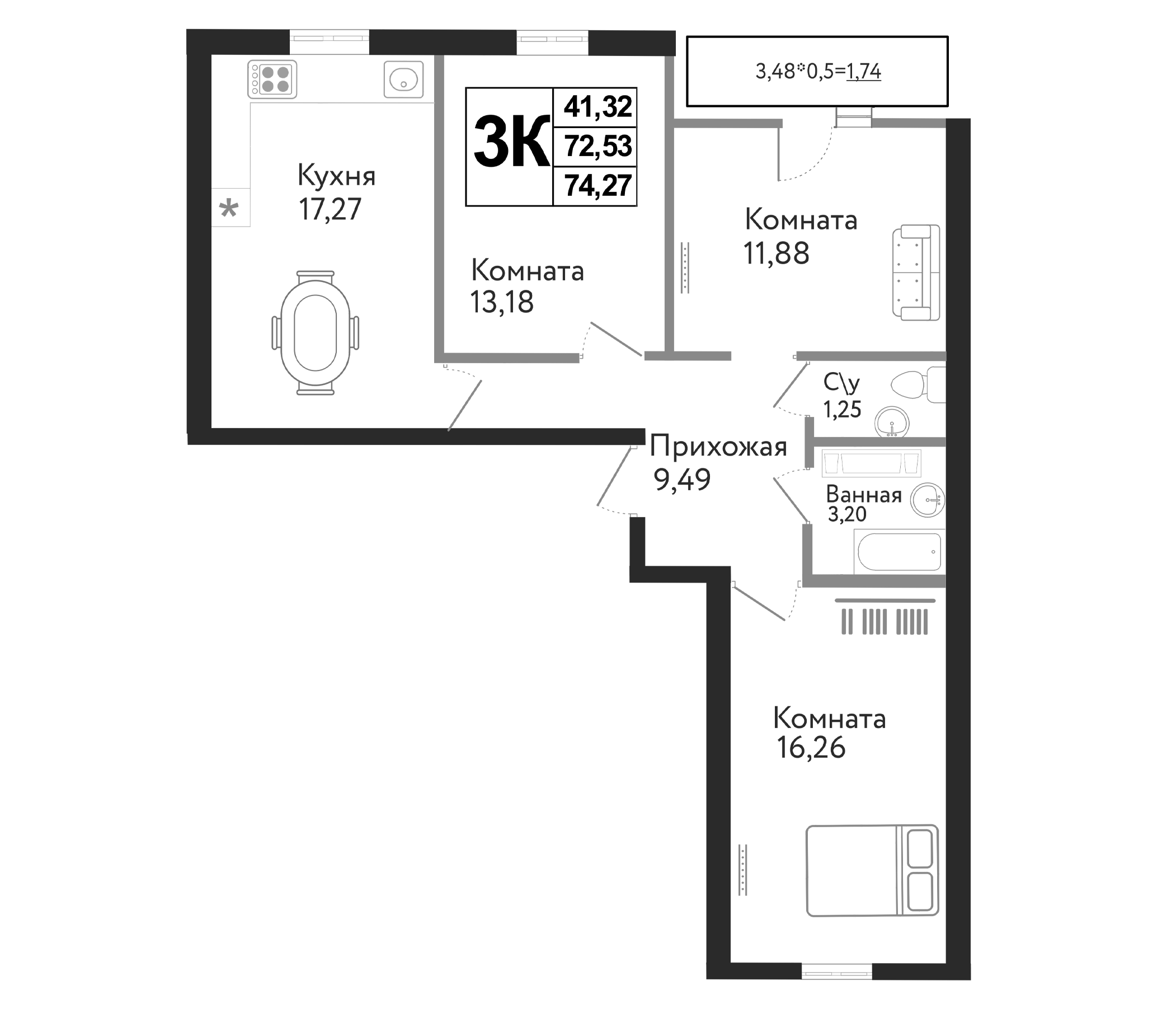 Планировка — Друг, 4-комн., 73 м²