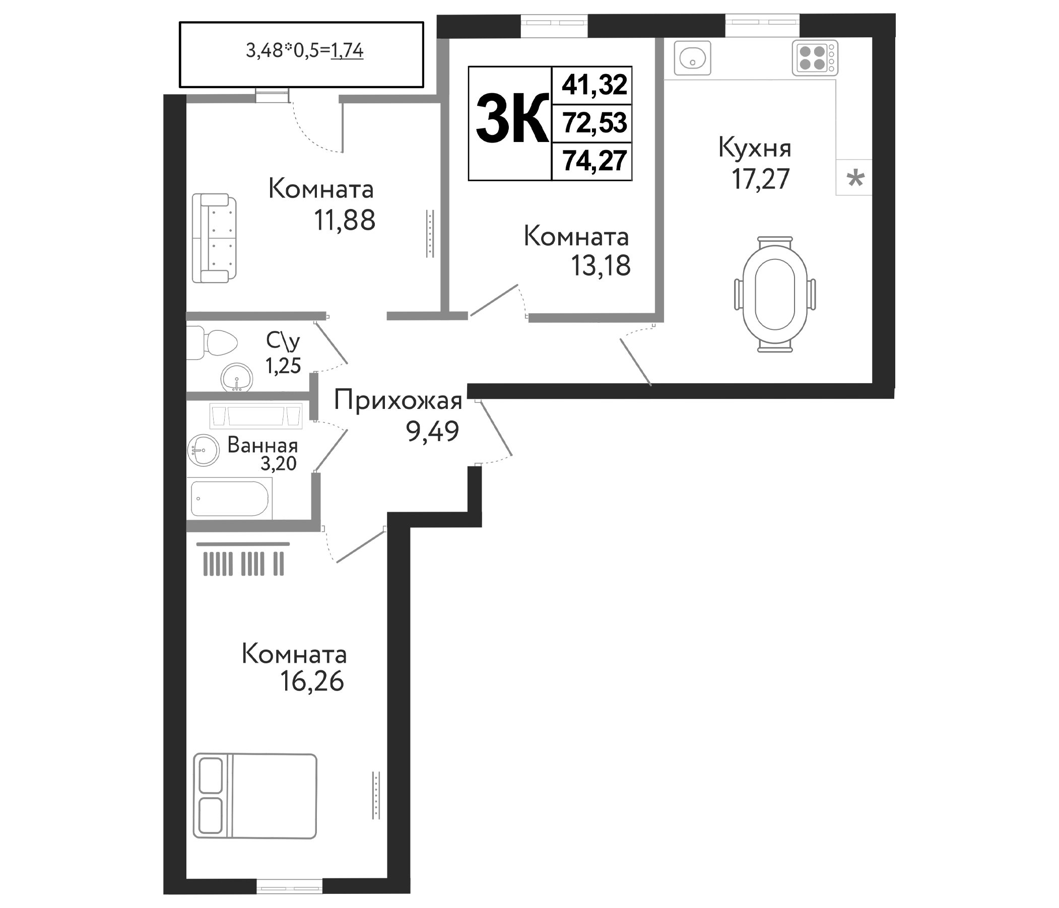 Планировка — Друг, 4-комн., 73 м²