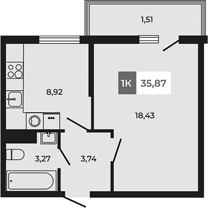 Планировка — Соседи, 1-комн., 34 м²