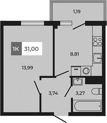 Планировка — Соседи, 1-комн., 30 м²