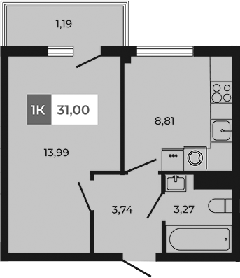 Планировка — Соседи, 1-комн., 30 м²