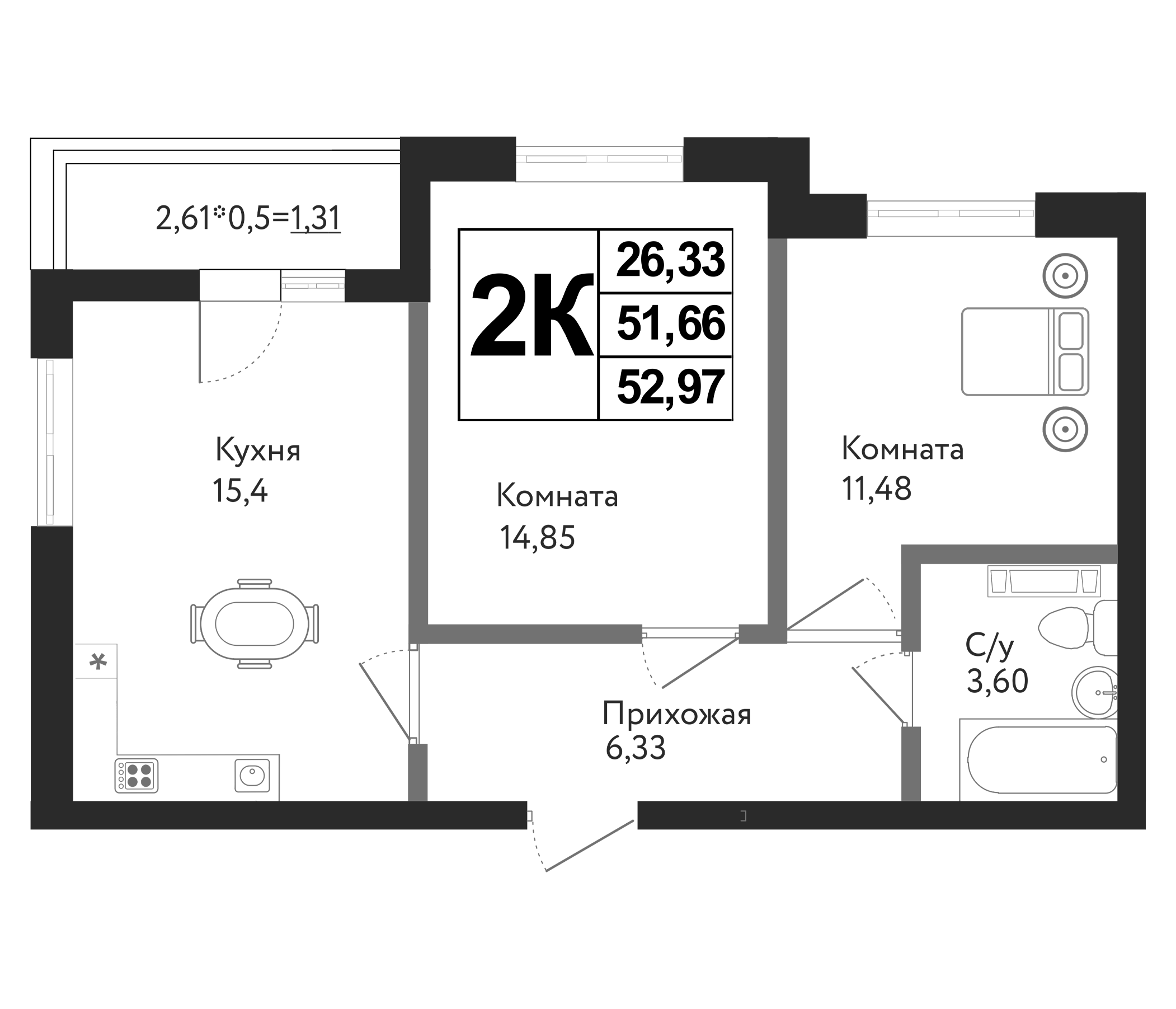 Планировка — Друг, 2-комн., 52 м²