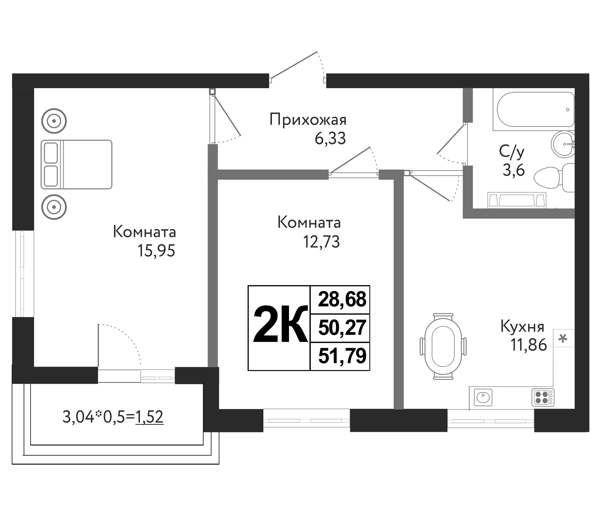 Планировка — Друг, 2-комн., 50 м²
