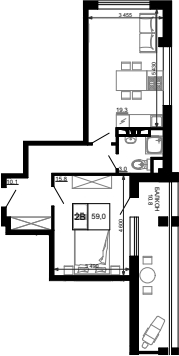 Планировка — Гостиничный комплекс Мореград, 1-комн., 48 м²