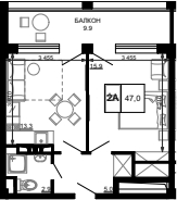 Планировка — Гостиничный комплекс Мореград, 1-комн., 37 м²
