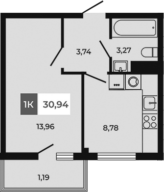 Планировка — Соседи, 1-комн., 30 м²