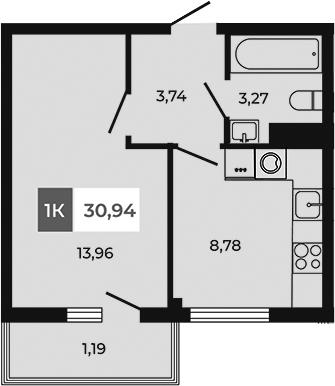 Планировка — Соседи, 1-комн., 30 м²