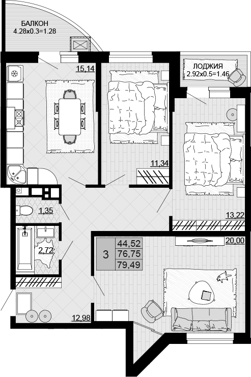 Планировка — Дружба, 3-комн., 77 м²