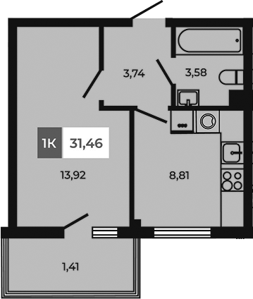 Планировка — Соседи, 1-комн., 30 м²
