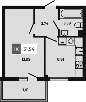 Планировка — Соседи, 1-комн., 30 м²