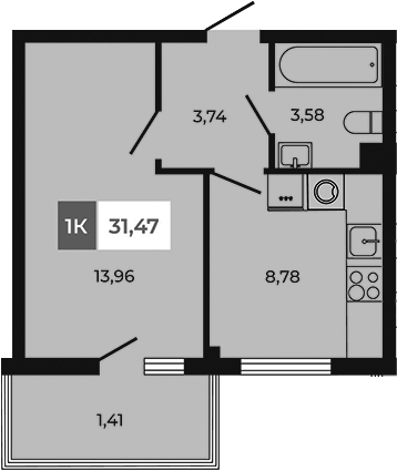 Планировка — Соседи, 1-комн., 30 м²