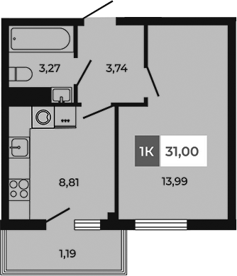 Планировка — Соседи, 1-комн., 30 м²