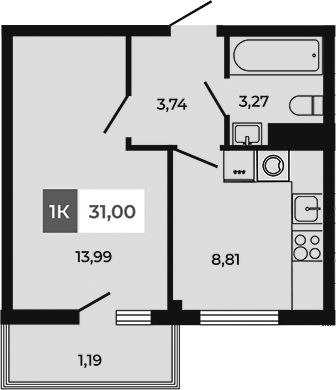 Планировка — Соседи, 1-комн., 30 м²