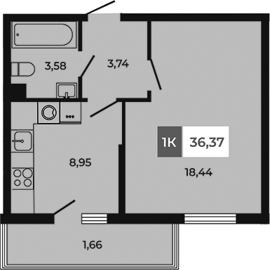 Планировка — Соседи, 1-комн., 35 м²