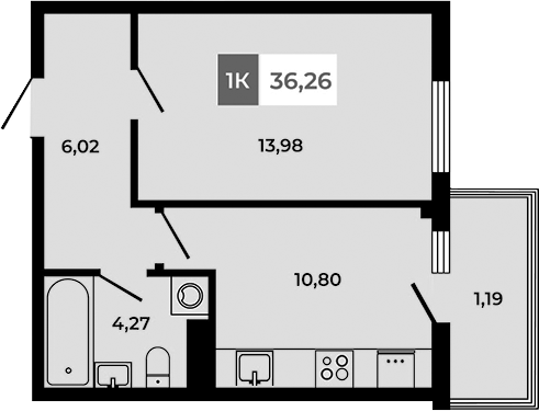 Планировка — Соседи, 1-комн., 35 м²