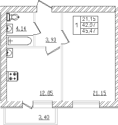 Планировка — Северный. СЗ Северный, 1-комн., 40 м²