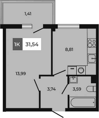 Планировка — Соседи, 1-комн., 30 м²