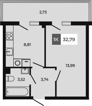 Планировка — Соседи, 1-комн., 30 м²